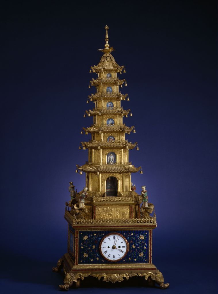 图片[1]-Copper gilded enamel pavilion with lifting tower clock inside-China Archive